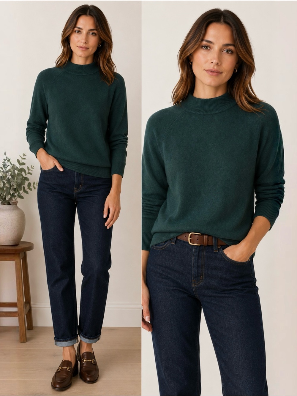 Vintage Hampshire Studio USA Rich Forest Green 90s Mock Neck Long Sleeve Sweater